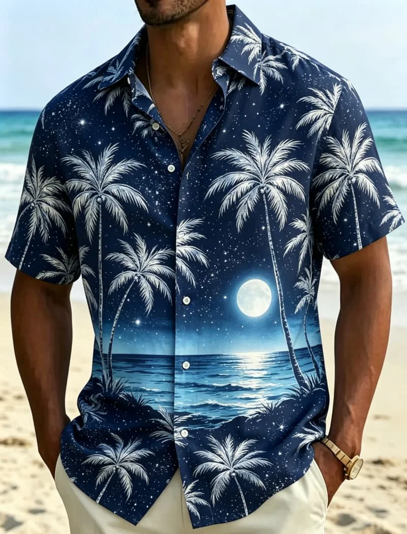 Chemise décontractée vintage rouge bordeaux motif coucher de soleil et cocotiers pour garçons matures, polyvalente pour les voyages et les trajets quotidiens, manches courtes