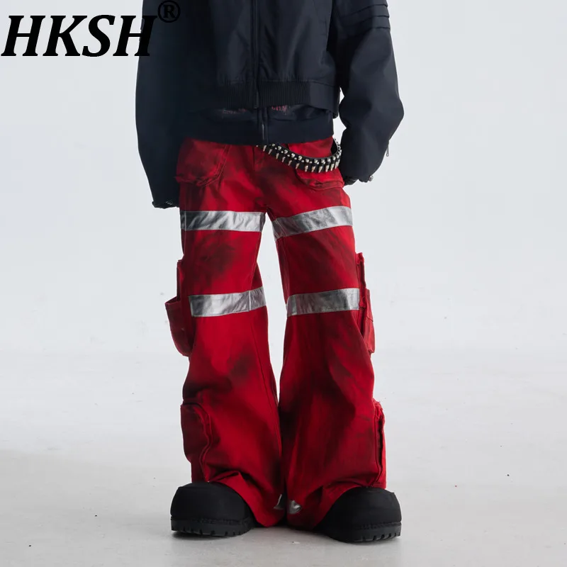 

HKSH Heavy High Street Мужские грязные окрашенные карманные широкие джинсы Брюки-карго Стиль сафари Панк Tide Chic Ins Комбинезоны Модные HK14779