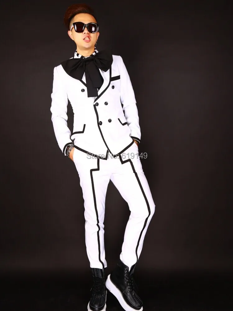 Nightclub New Men's Dress Bar Singer Blazers Suits Male DJ Long GD Right Blockb White Black Stripe Big Bow Jacket Coat Costumes