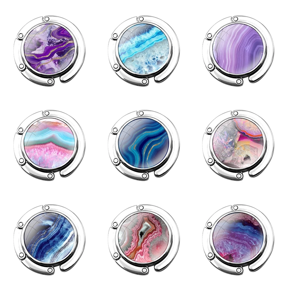 Foldable Purse Hook for Women's Table Handbag Storage Folding Decor Table Hook Blue Pink Purple Gemstone Agate Marble