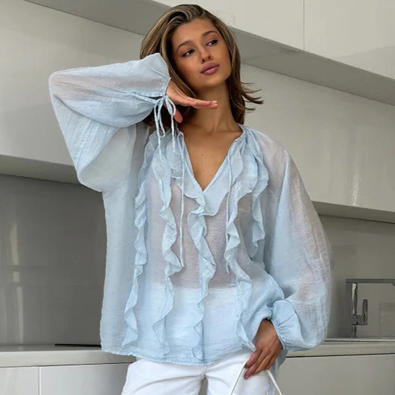 

Tornova Sheer Ruffled Women's T shirt V neck Lantern Long Sleeve Blouse 2026 Spring Summer Fashion Office Lady Casual T shirt