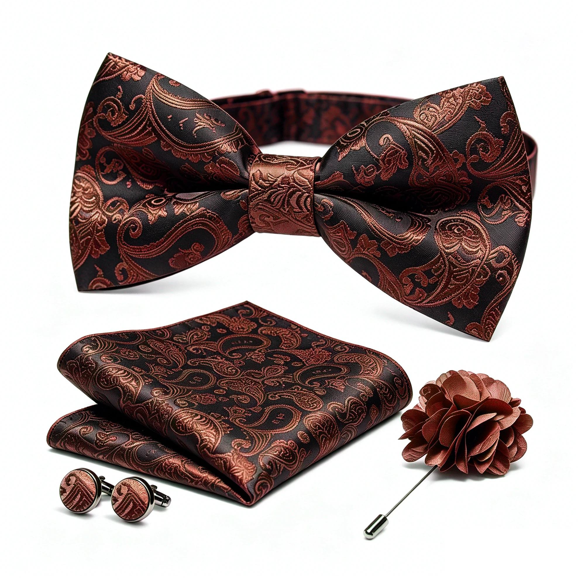 36-teiliges Set: Schwarze Seiden-Jacquard-Paisley Herrenfliege, Brosche, Einstecktuch und Manschettenknöpfe – Vorgebundene Schmetterlingsfliege für Herren, Hochzeit und Business – Detail 3