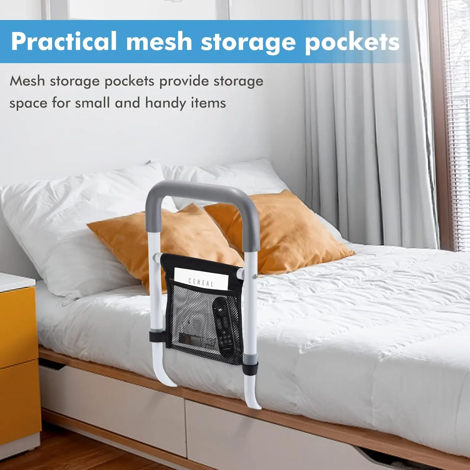 قضبان السرير لكبار السن البالغين، ارتفاع أمان قابل للتعديل، سكة مساعدة للسرير لكبار السن، قضيب إمساك بجانب السرير مع جيب تخزين #6