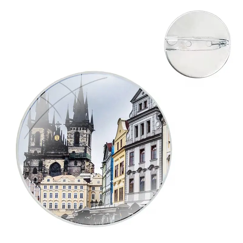 Prague Europe Prettiest Bridges City Glass Dome Brooches Shirt Lapel Bag Cute Badge Pins For Clothes Hat Accessories