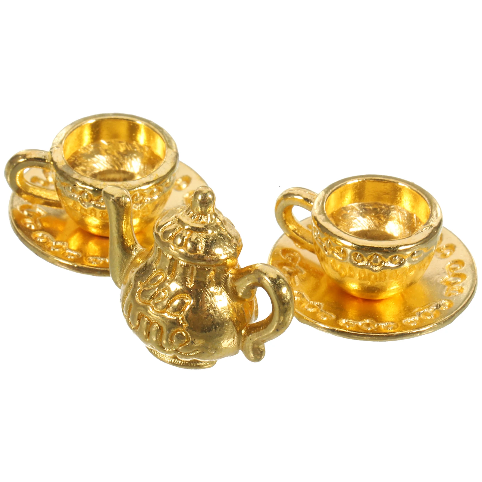 

1Set Mini Metal Teapot Decorative Kitchen Prop Exquisite Compact Simulated Tea Cup Miniature Scene Layout Dollhouse