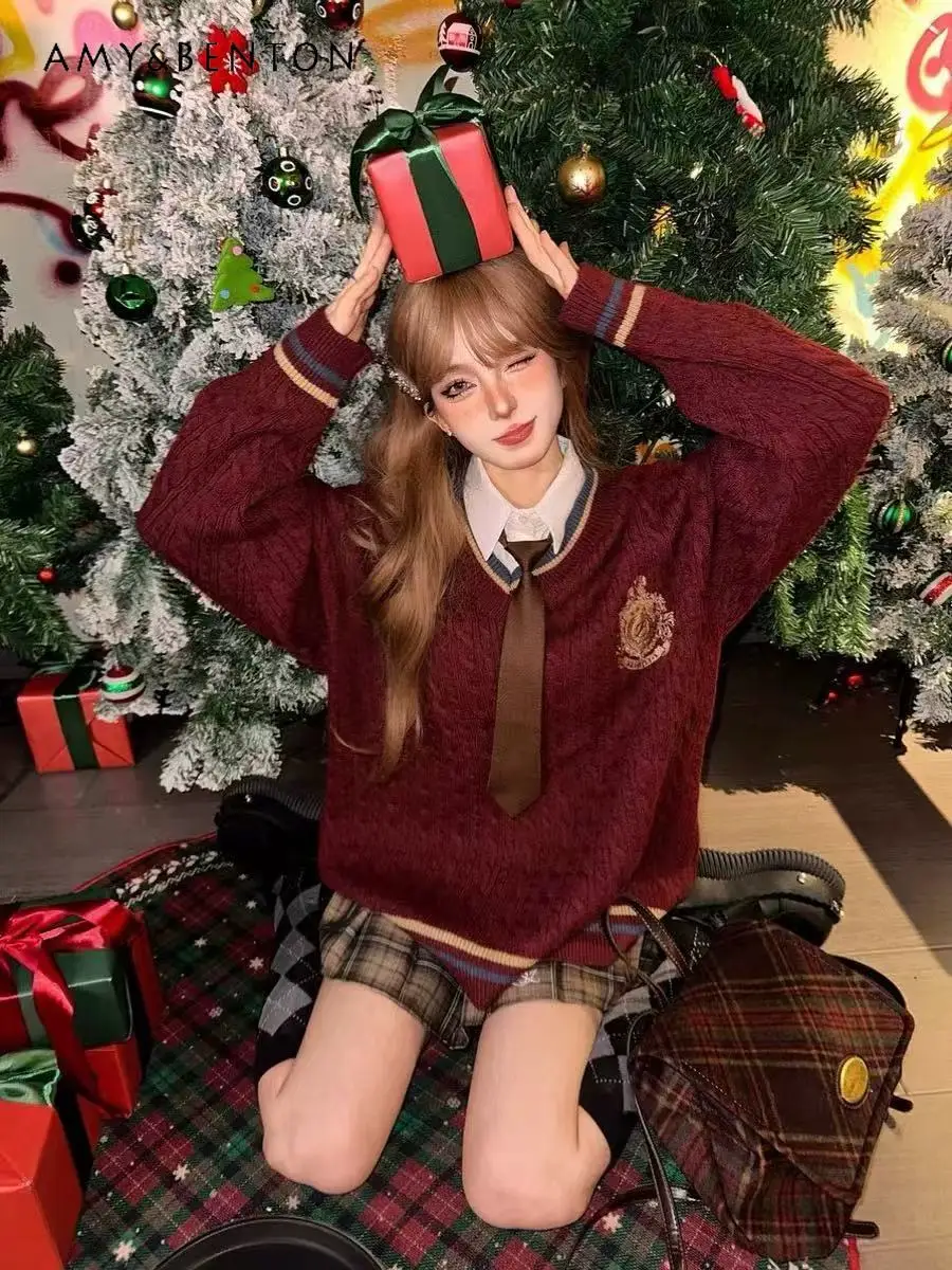 

Autumn Winter New Hot Sale Red V-neck Long Sleeve Sweater White Shirt Tie Short Skirt College Style JK Uniform Set