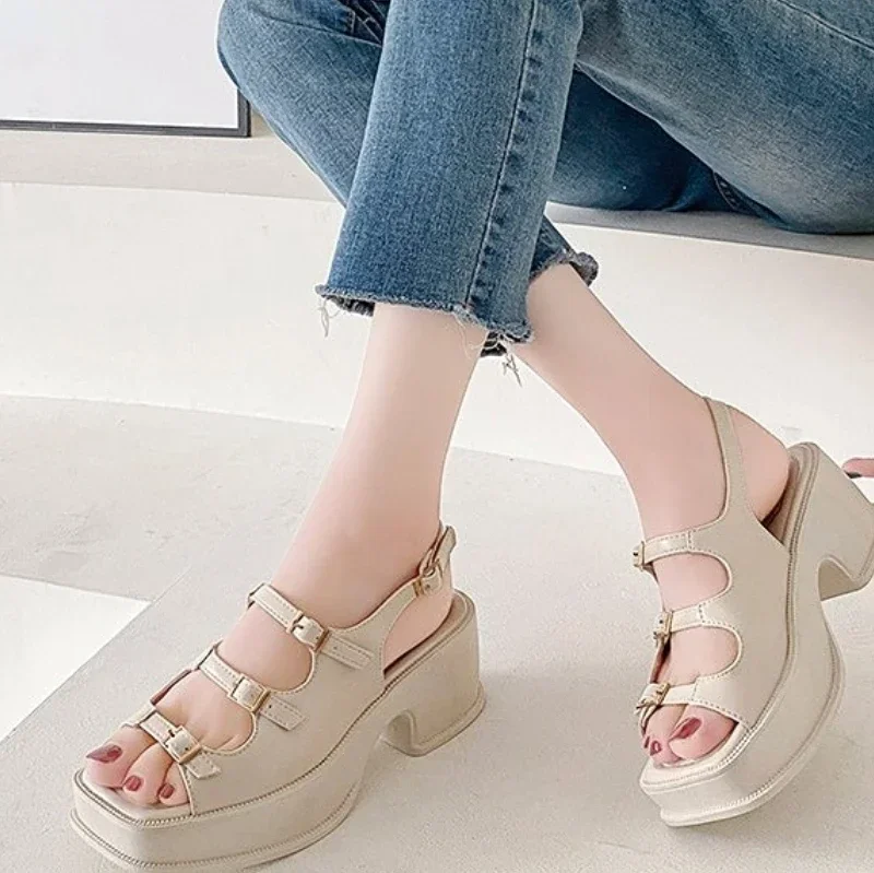 2024 New Platform Sandals Ladies High Heels Summer women sandals Wedge Sandals Open Toe Shallow Solid Color Buckle Casual