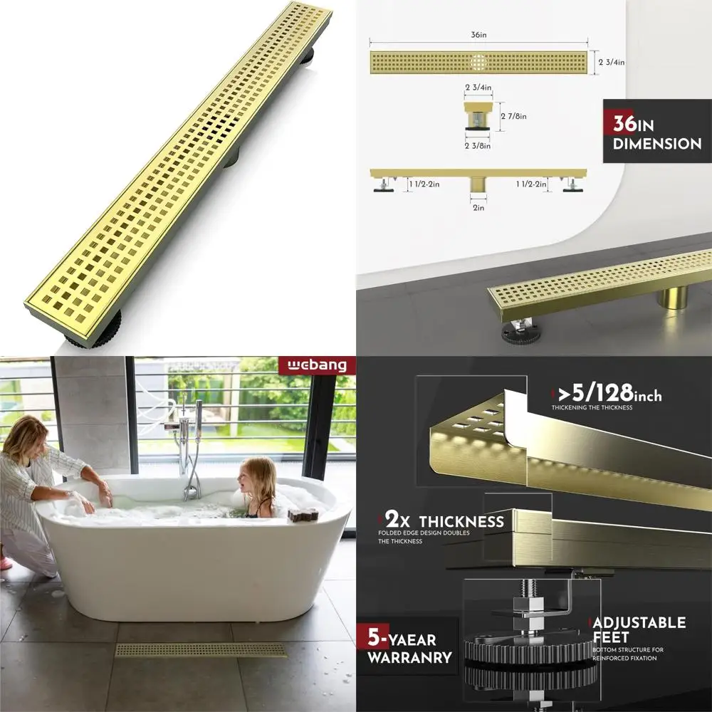 

Rectangular Linear Shower Drain 36 Inch with Square Hole Pattern Cover and Removable Grate, Stainless Steel 304, Floor Drain Acc