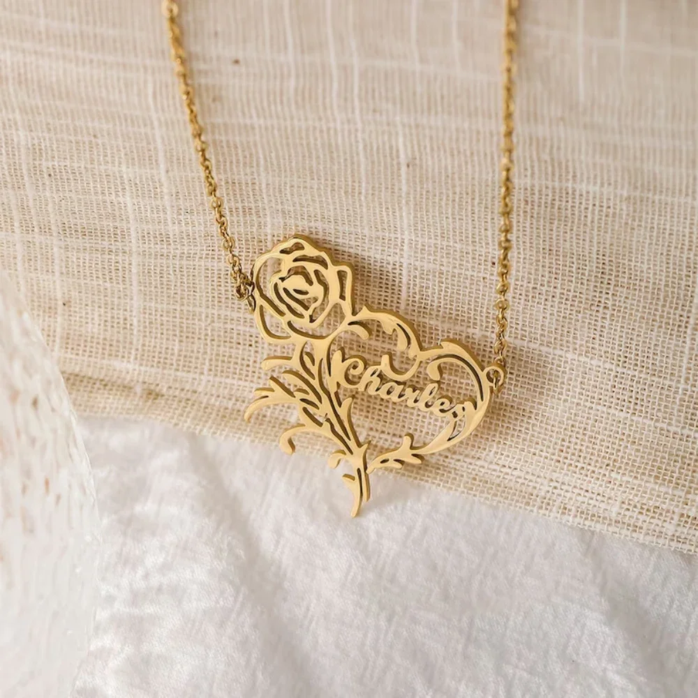 Personalized Custom Rose Flower Name Necklace for Women Stainless Steel Pendant Choker O Chain Jewelry Gift