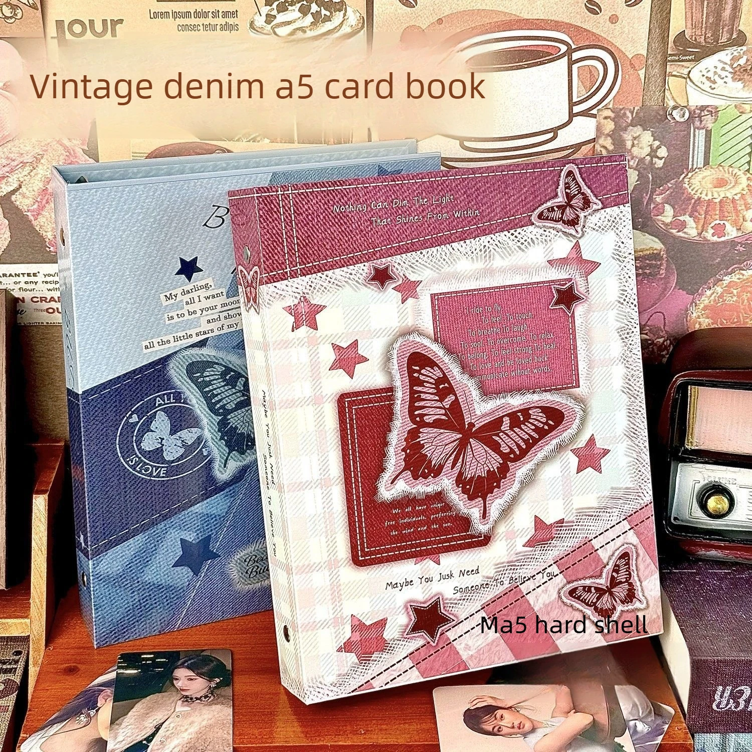 Retro Imitation Denim Patchwork Butterfly A5 Loose-leaf Card Album, High Appearance Student Card Collection Album