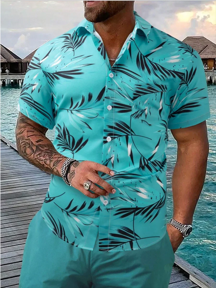 2024 New Fashion Men\'s Leaf Print Short Sleeve Shirt Summer Beach Resort Style Tropical Hawaiian Shirt Men\'s Top 6XL