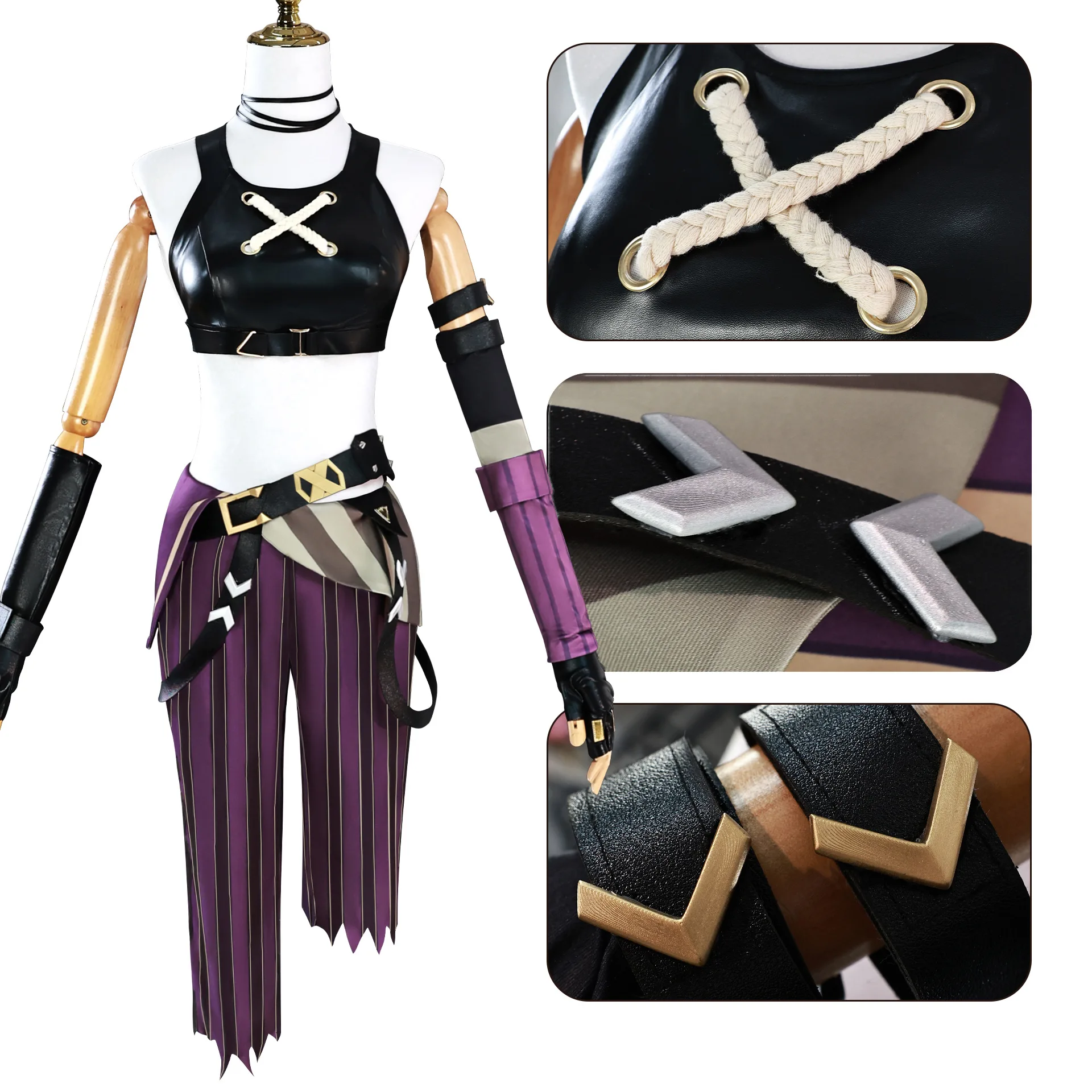 

Game Jinxx Inspired Cosplay Costume Set, Black Crop Top & Purple Striped Pants Wig for of & Carnival Costume Anime Conventions