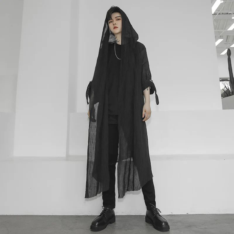 High Quality Mens Trench Unisex Casual Open Stitch Hooded Long Cloak Cape Coat Hip Hop Men Solid Loose Trenchcoat