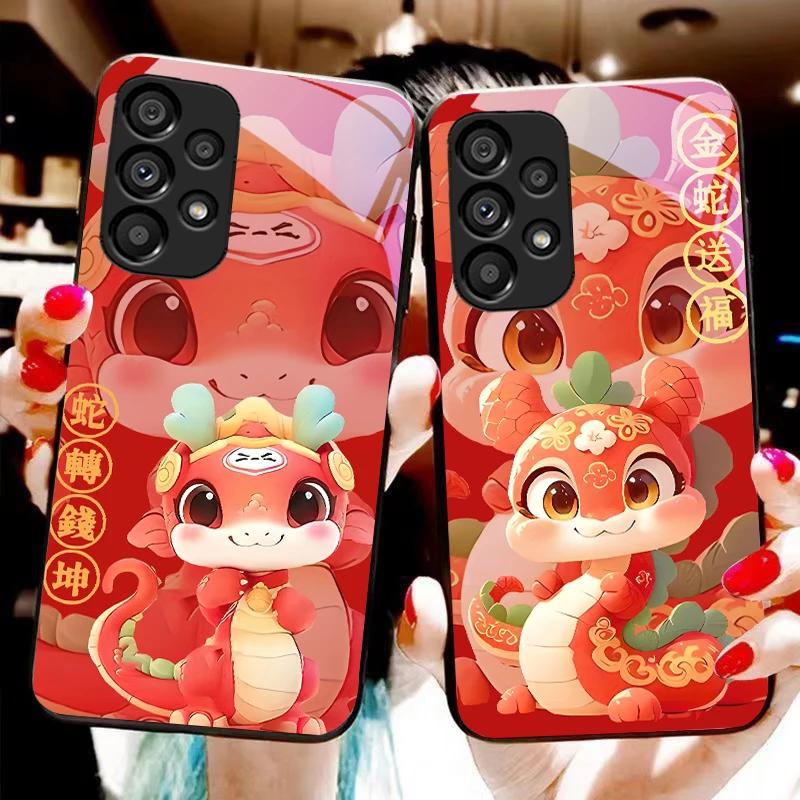 

New Cartoon Snake For Samsung Galaxy S10 20 Plus 21 FE 22 23 24 FE 25 Ultra Black Tempered Glass Phone Case Hard Shell