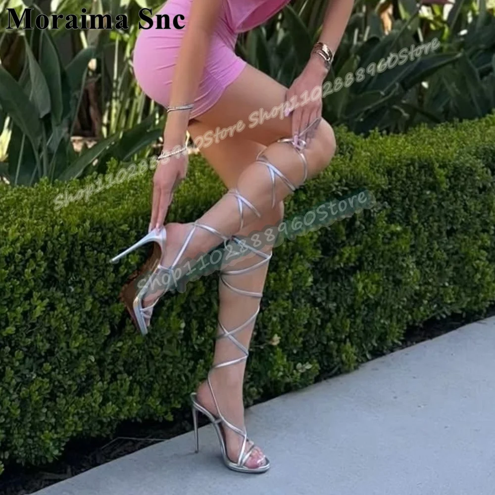 

Metallic Silver Narrow Cross Strip Sandals Stilettos High Heel Shoes For Women Lace Up Open Toe Casual Stylish Party Sandals