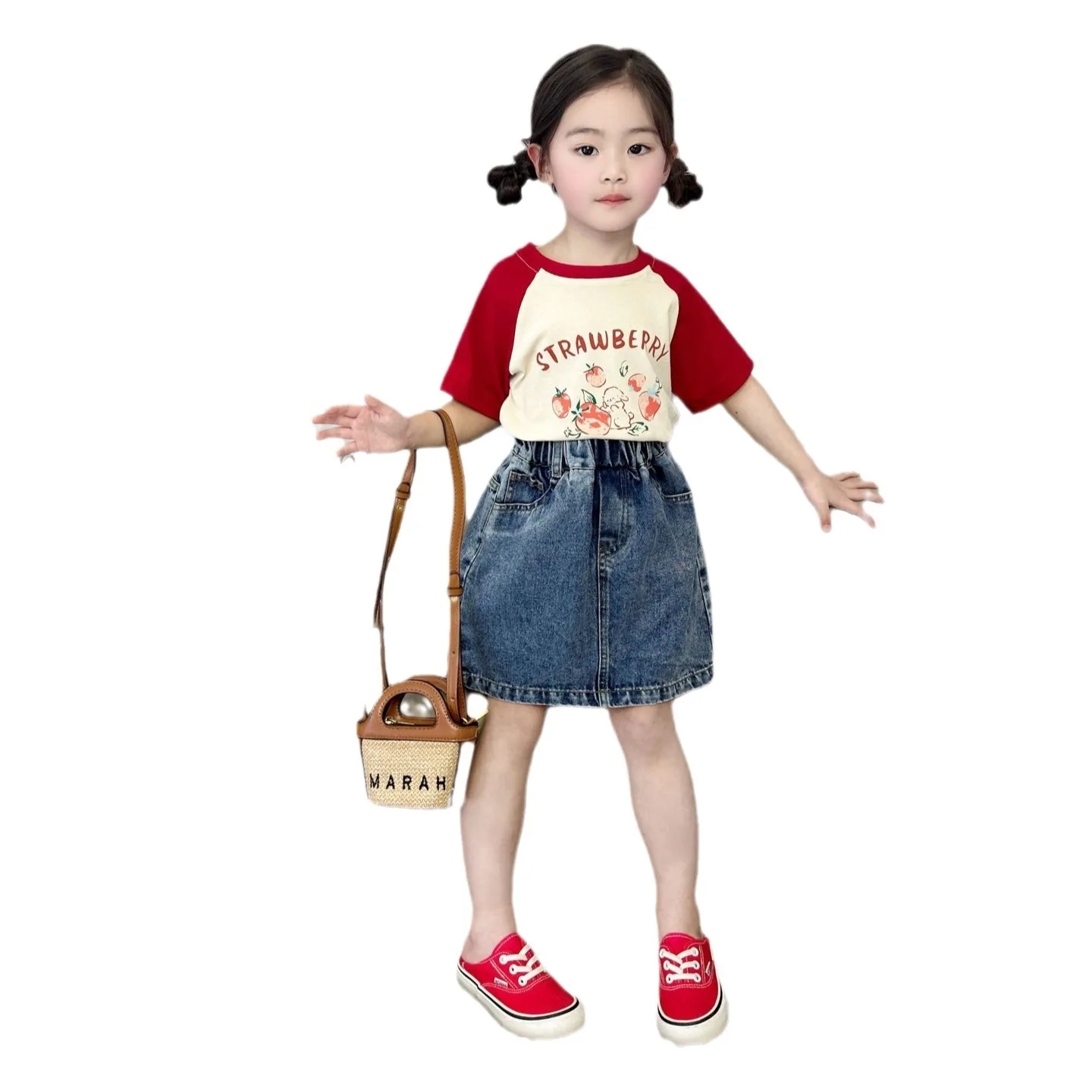 2024 Spring/Summer Girls Short Sleeved Children's Fashionable Sports And Leisure Two Piece Set Baby Internet Red Clothes