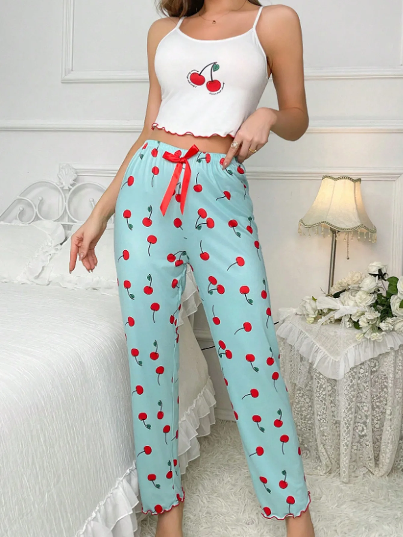 Y2K Coquette Cherry Print Pajama Set Womens Cami Crop Top Pants Two Piece Sleepwear Loungewear Summer Spring Autumn Outfits image 5