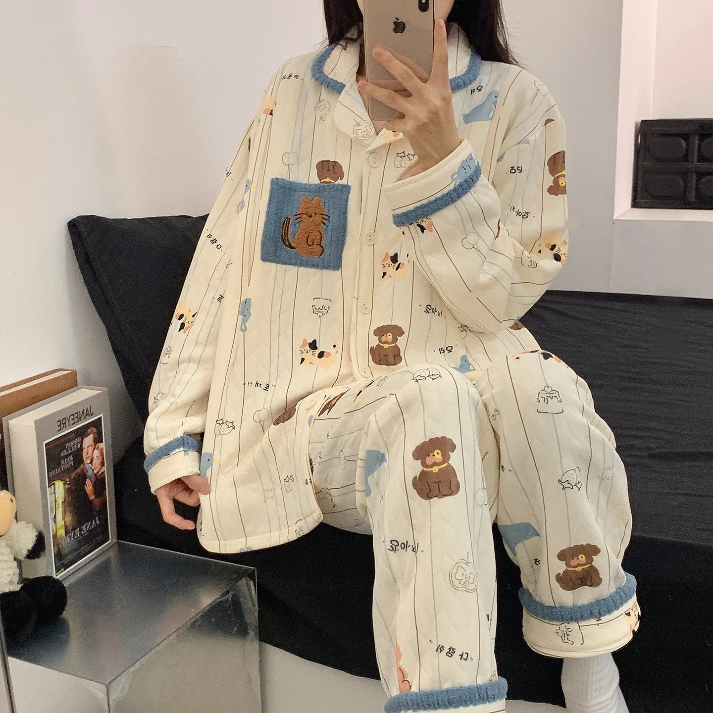 

Women Winter Pajamas Sets Cotton French Chic Ladies Cloud-Soft Nightwear Buttoned Collared Long Sleeve Ankle Length Pants Stripe