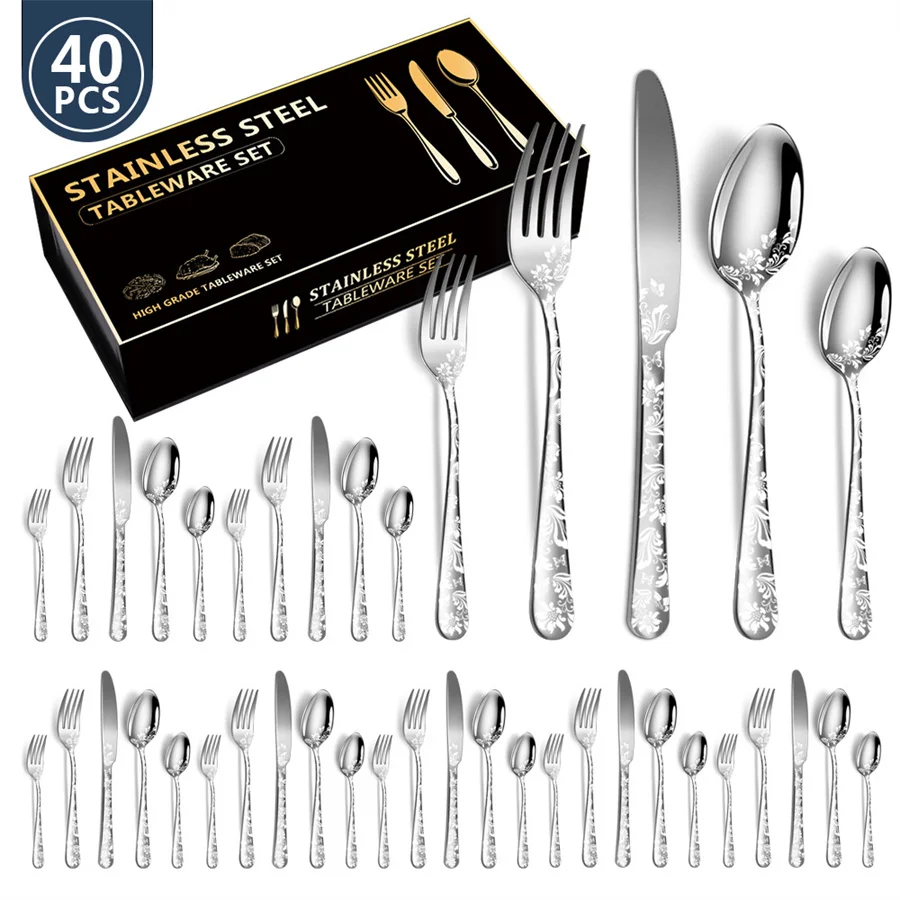 Stainless Steel Cutlery Set, Steak Knife, Fork, Spoon, Fashion Tableware, High Quality, 4 Sets, 40Pcs per Box