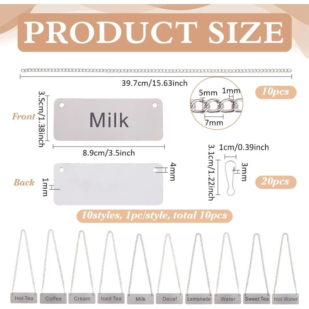 10Sets Stainless Steel Chain Signs Includes 10Pcs Chains and 20Pcs Drink Clasp Pendants Beverage Table Display Hanging Chain