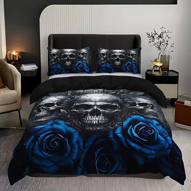 Sugar Skull Duvet Cover King, 3D Skull Bedding Set For Boys Girls, Bones Skeleton Blue Roses Comforter Cover With Pillowcases