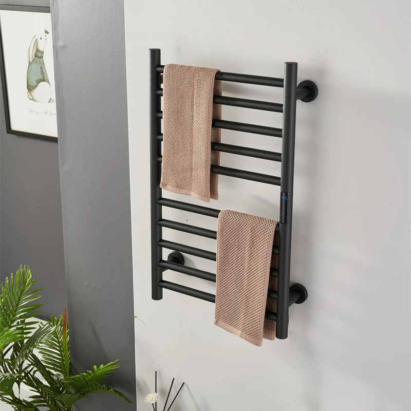 Bathroom Black Electric Towel Rack Timing Temperature Control Towel Warmer Hidden/Exposed Wires Electric Heated Towel Rail