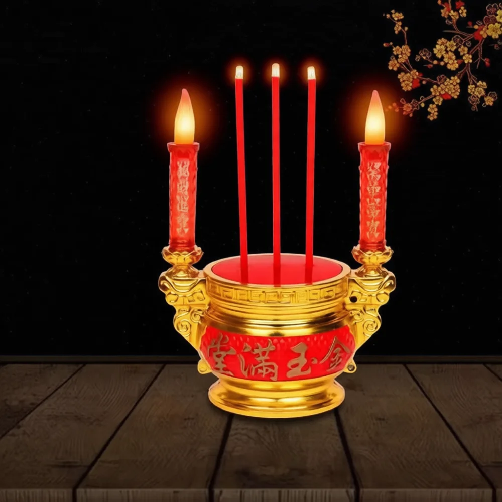 LED Simulation Flame Candle Holder Double Dragon Electric Incense Censer Safe Flameless Decoration For Temple Worship