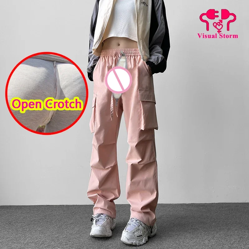 Woman Sexy Open Crotch Fitness Cargo Pants Hidden Zipper Unisex Loose Fit Crotchless Panties Yoga Leggings Trousers