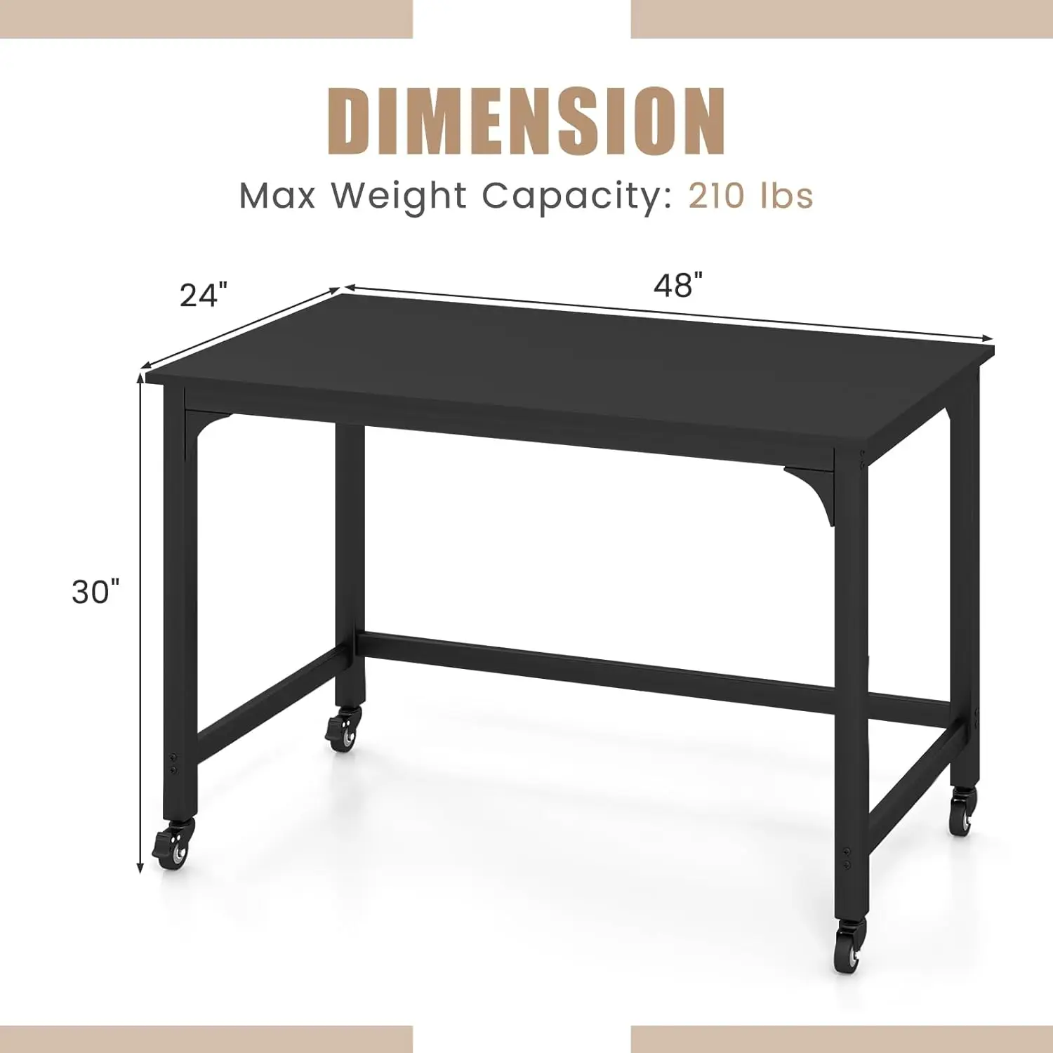 48' Mobile Computer Desk, Rolling Laptop Table with Lockable Wheels, Metal Frame, Black