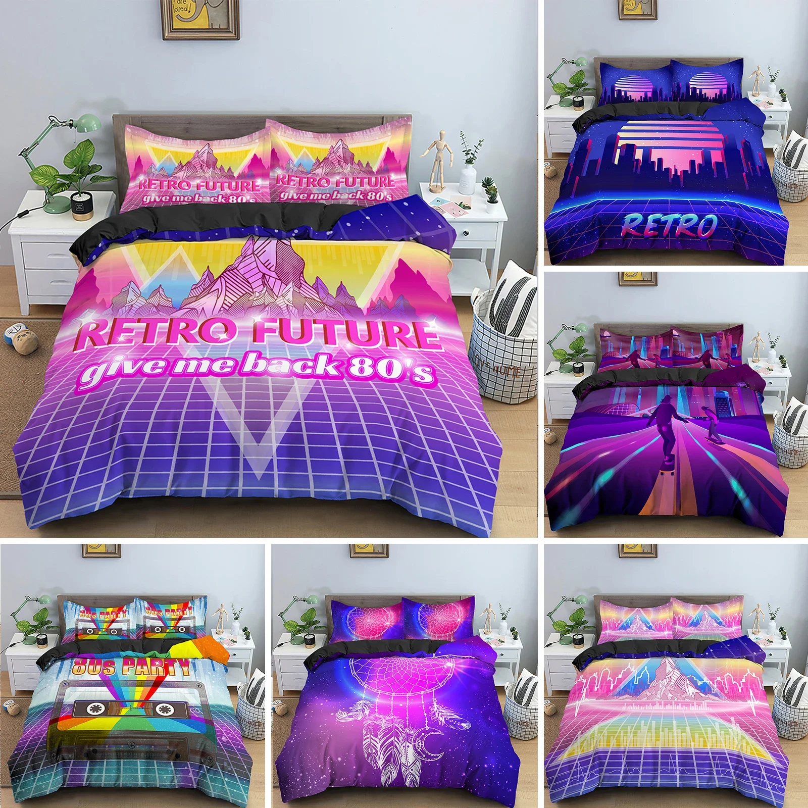 

Retro Duvet Cover Set Vintage Give Me Back 80s Pattern Bedding Set Microfiber Queen King Size Quilt Cover 2/3Pcs for Teens Adult