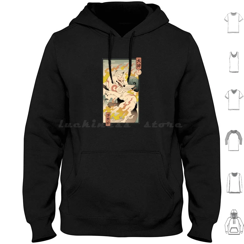 Okami Ukiyo-E Hoodies Long Sleeve Okami Anime Wolf Wolves Animal Animals Japanese Art Ukiyo E Woodblock Video Game