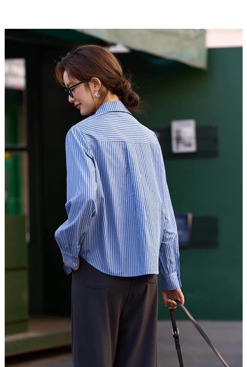 VIMLY Women's Blue Striped Shirt 2026 Spring New Irregular Placket Turn-Down Collar Long Sleeve Top Casual Commute Shirt A3711