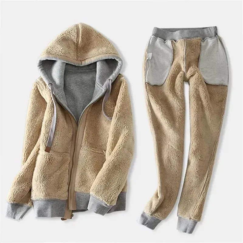 Winter Thick Lambwool Tracksuit Womens Plush Warm Casual Sweatshirt Tops Two Piece Sets Fleece High Waist Jogger Pants Conjuntos