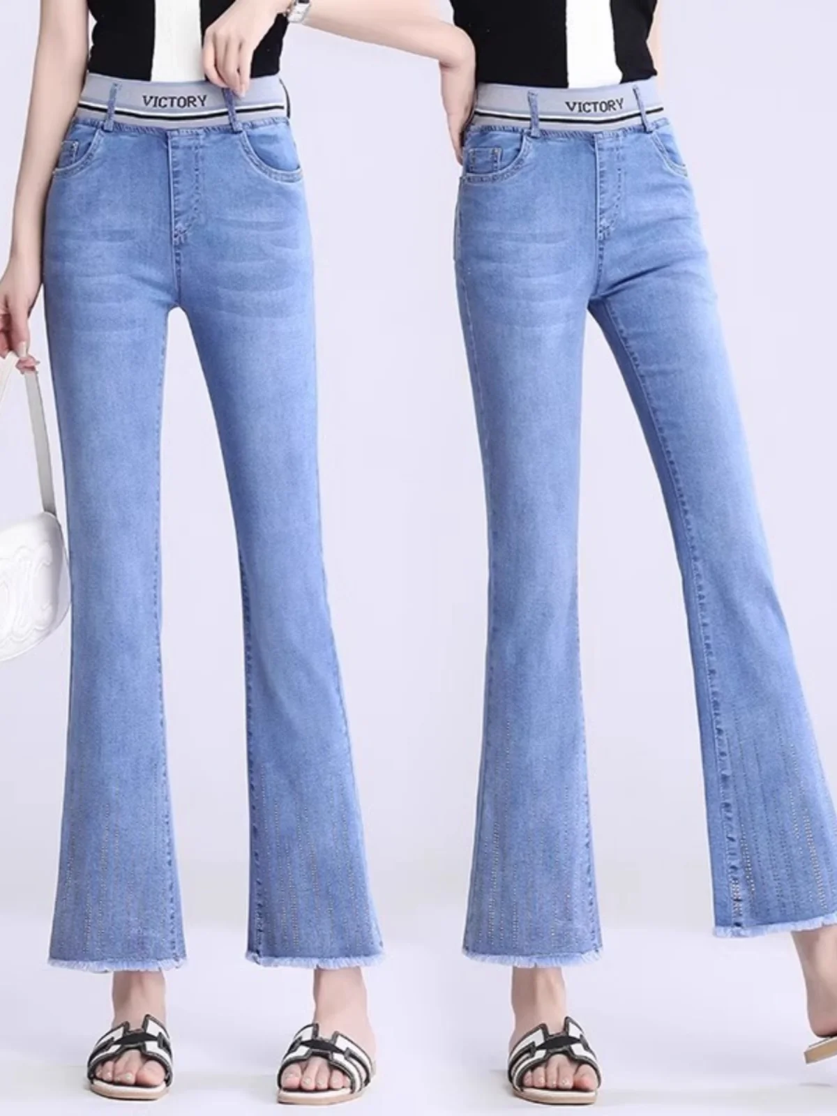

High Waist Bell Bot Jeans Women's Elastic Waist Slim Fit Diamond Embellied Cotton Stretch Denim Pants Long Trousers