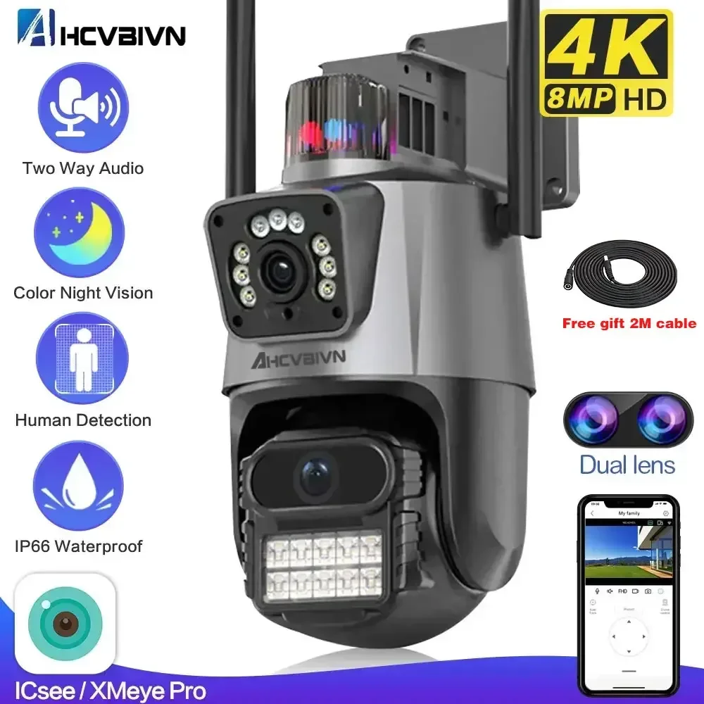 8MP 4K WiFi IP Security Camera Outdoor Dual Lens Dual Screen Auto Tracking PTZ Wireless CCTV Video Surveillance Camera 4MP ICsee