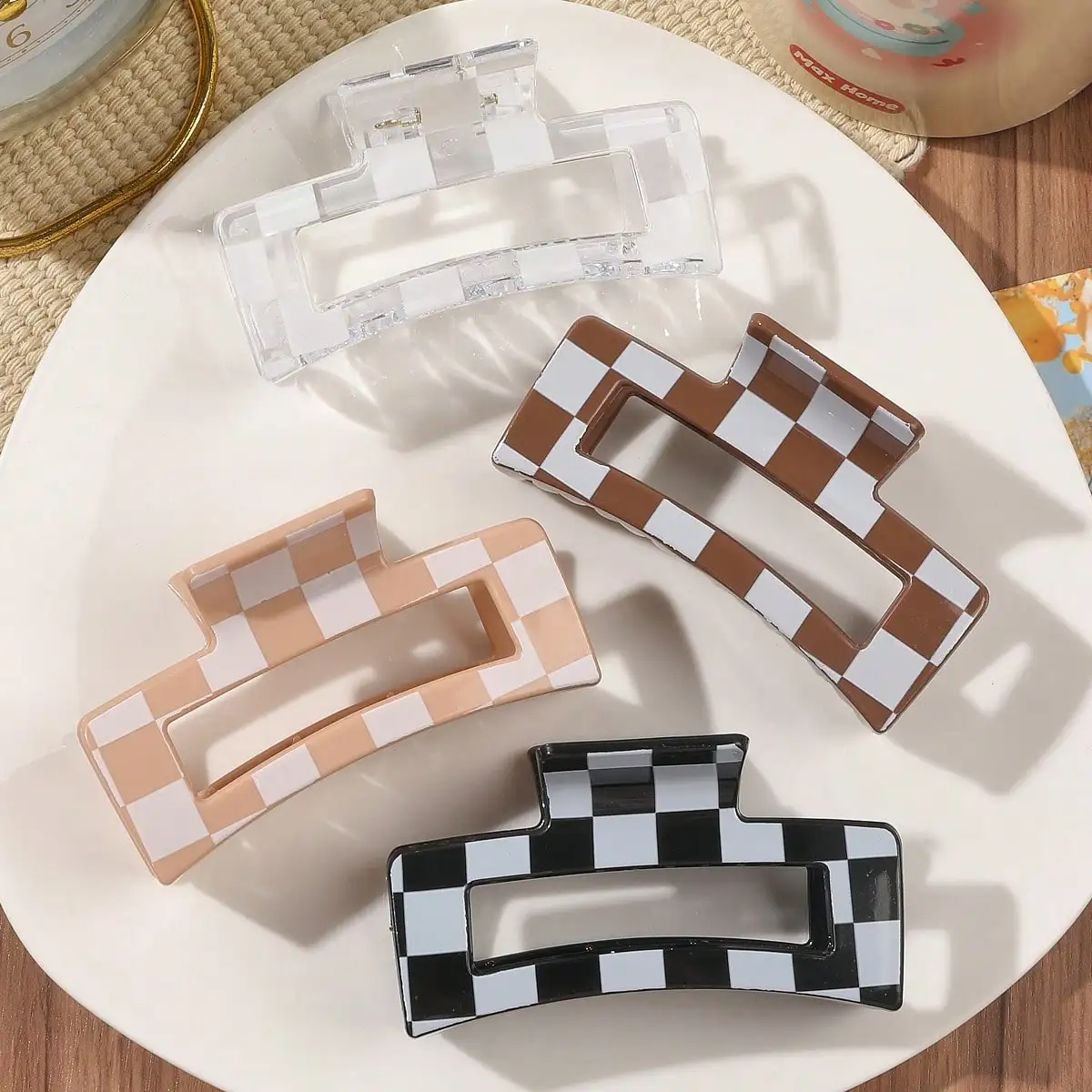 1/4Pcs Black White Checkered Rectangle Hair Claw Clips For Women Girls Fashion Glossy Shark Clips Winter Hair Accessories Gift