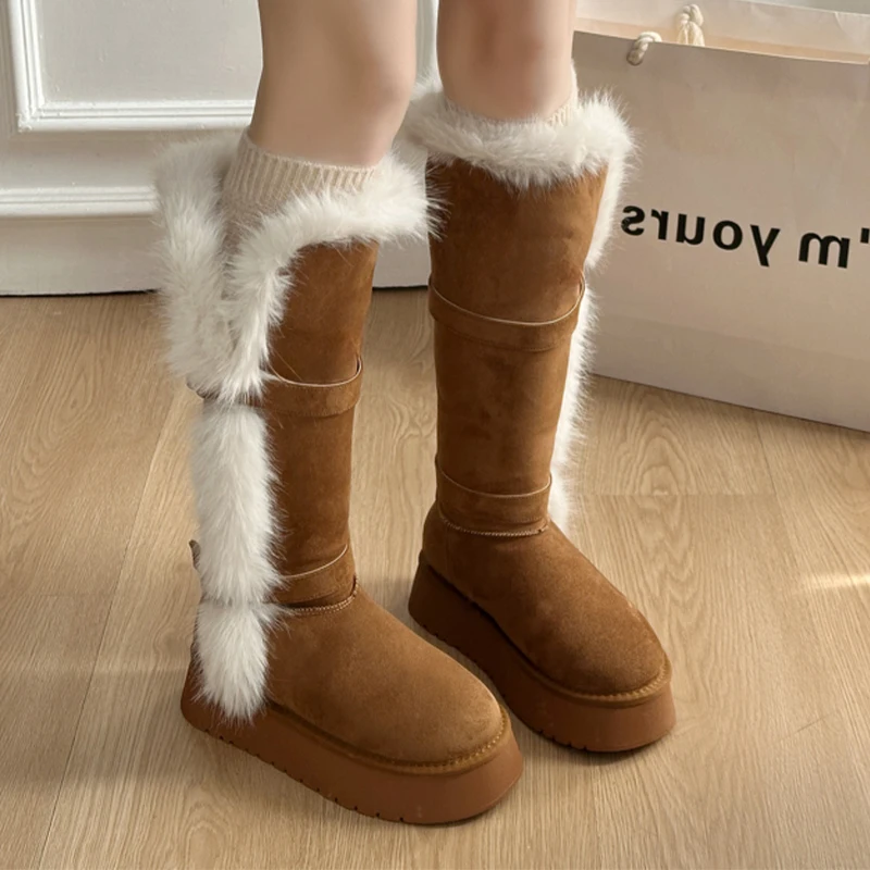

Fur Warm Women's High Boots Flats Platform Cotton Shoes 2025 Designer Suede Winter Boots Dress Short Plush Cozy Mujer Snow Boots