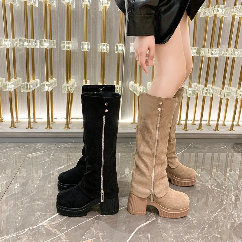 Camurça feminina joelho botas de salto alto sapatos plataforma botas de neve de luxo 2024 marca feminina bombas moda chunky chelsea inverno botas