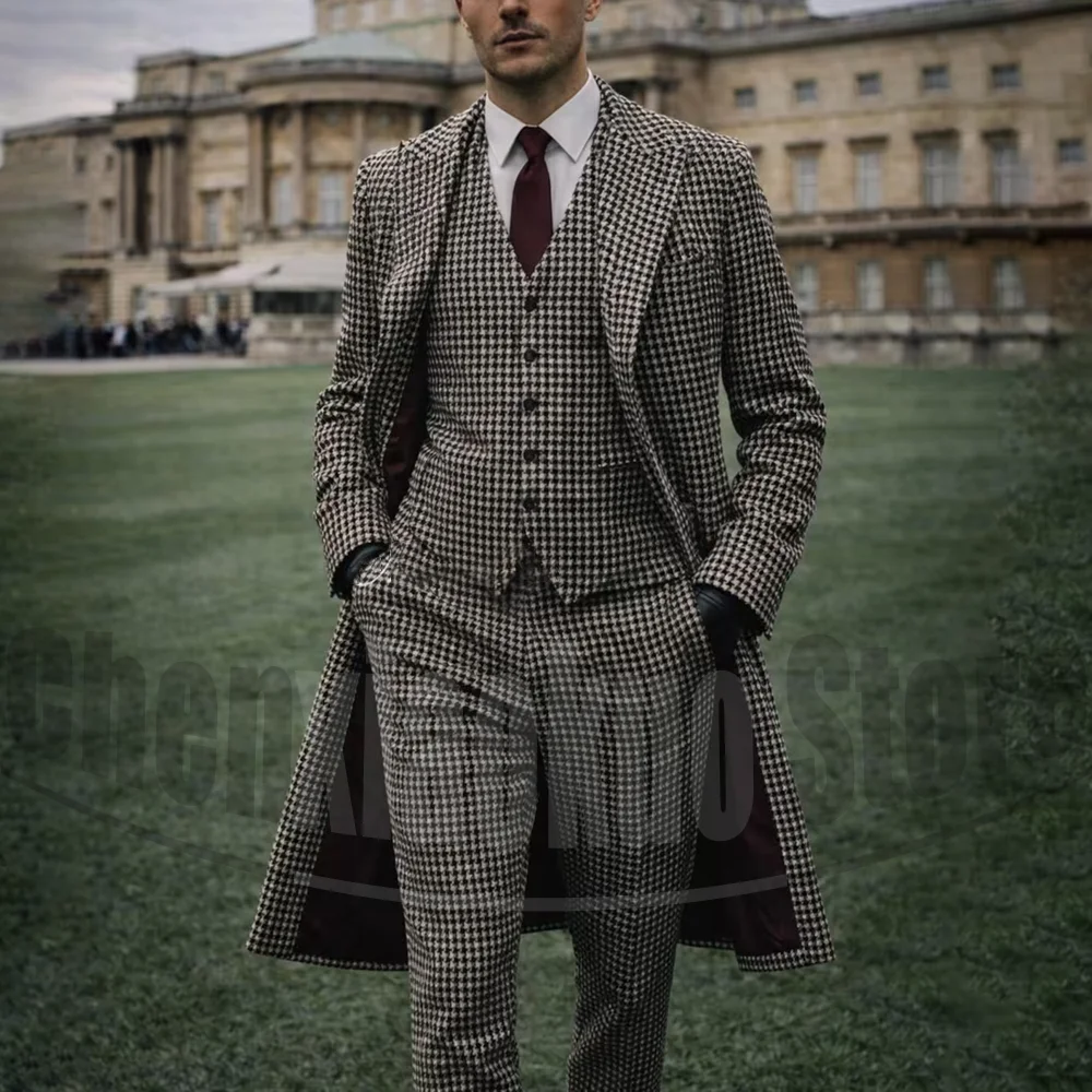 

Fashion Houndstooth Men Suit 3 Piece Single Breasted Long Coat Vest Pants Formal Wedding Groom Business Casual Prom Party Suits