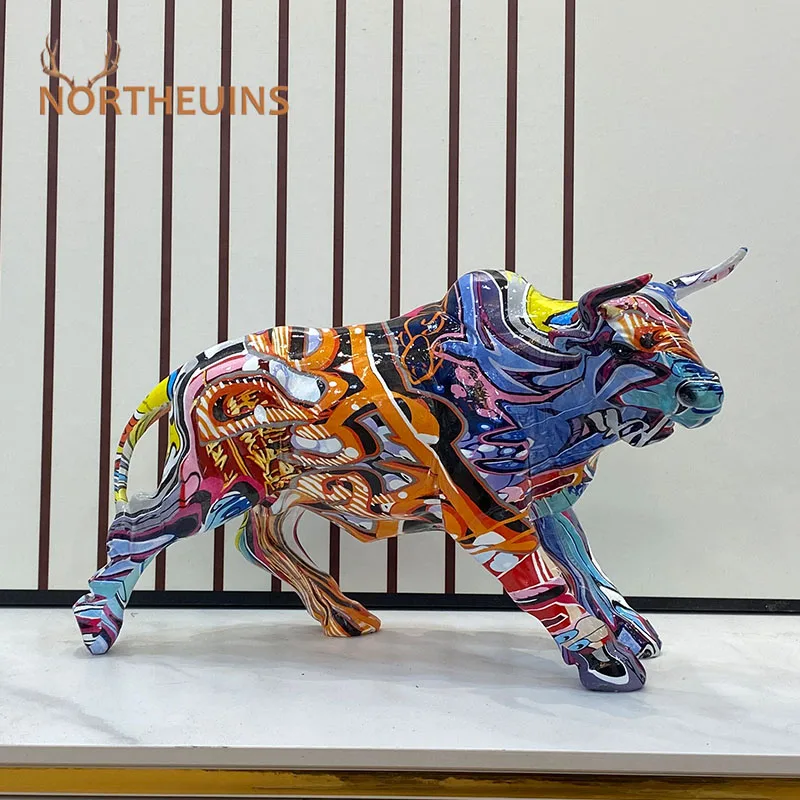 

NORTHEUINS Graffiti Painting Resin Bull Figurines Home Living Room Bedroom Office Desktop Feng Shui Ornaments Collection Statues