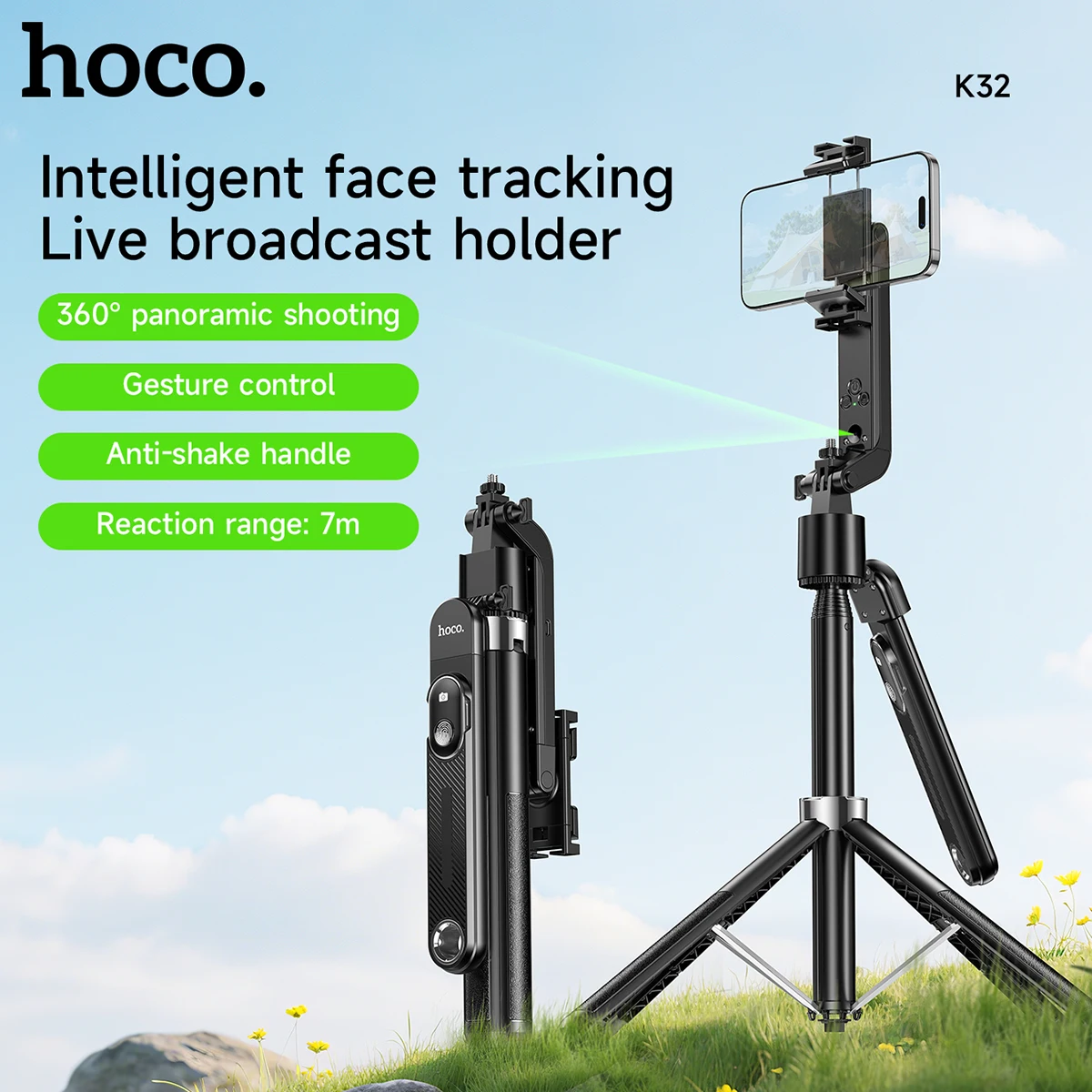 

HOCO Smart Live Broadcast Holder Tracking Gimbal Selfie Stick Mount Bluetooth 5.2 Wireless Control Anti Shake Handle For Phones