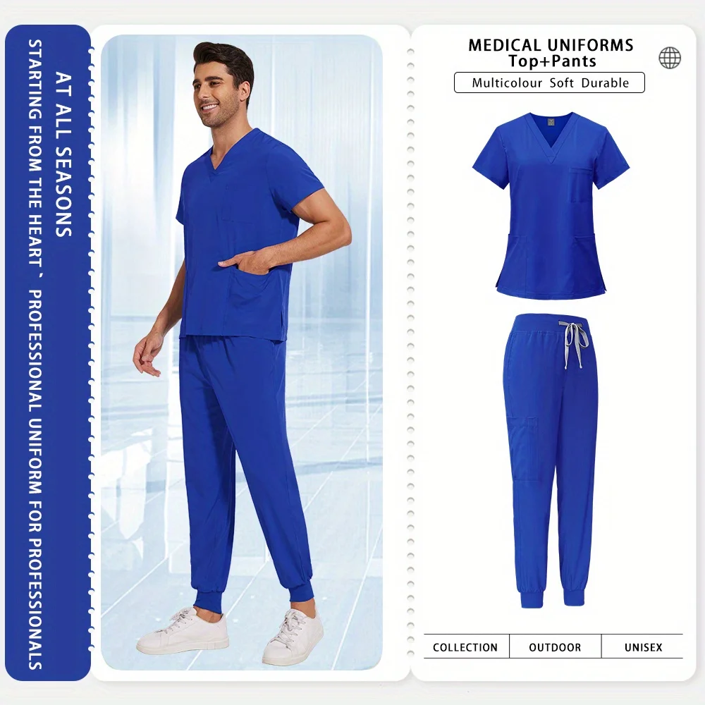 חליפת עבודה לרופא או לאחות בית חולים, חליפת עבודה מטופחת לסנטוריום, חליפת עבודה לאחיות ואחיות, מעיל ריצה ארוך עם מכנסיים