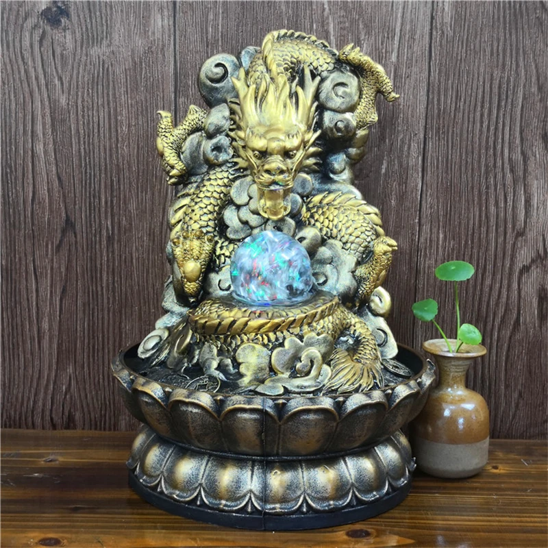 Chinese Dragon Mascot Home&Company Lucky Feng Shui Decorations Zen Base Led Running Water Desktop Fountain Wealth Ball