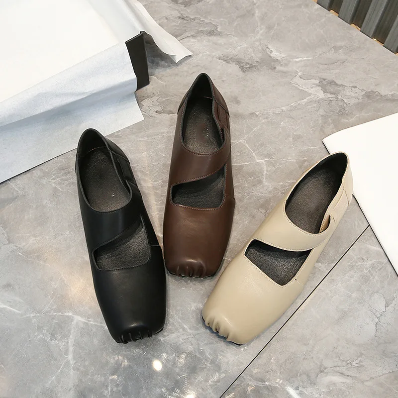 

Leather Mary Jane Shoes Women Square Toe Elastic Band Ballet Sapatos Femininos De Luxo Round Low Heels Shallow Tacones Classics