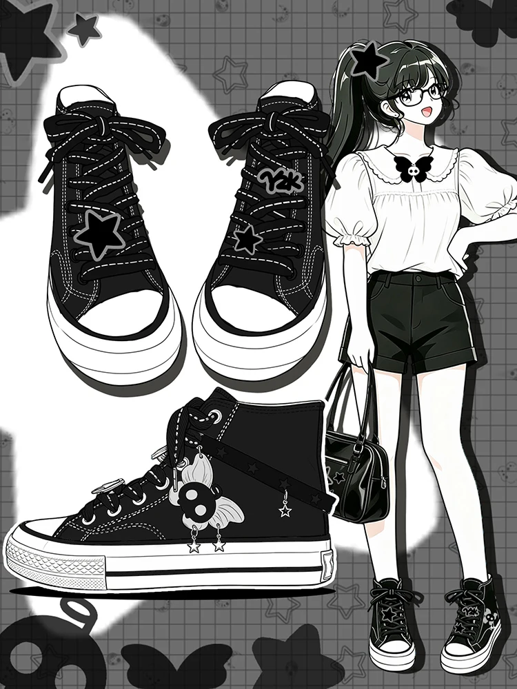 Amy und Michael Original Designer Schuhe Damen Gothic Schwarze High-Top Canvas Schuhe Mode Punk Riemen Charms Casual Sneakers – Detail 3