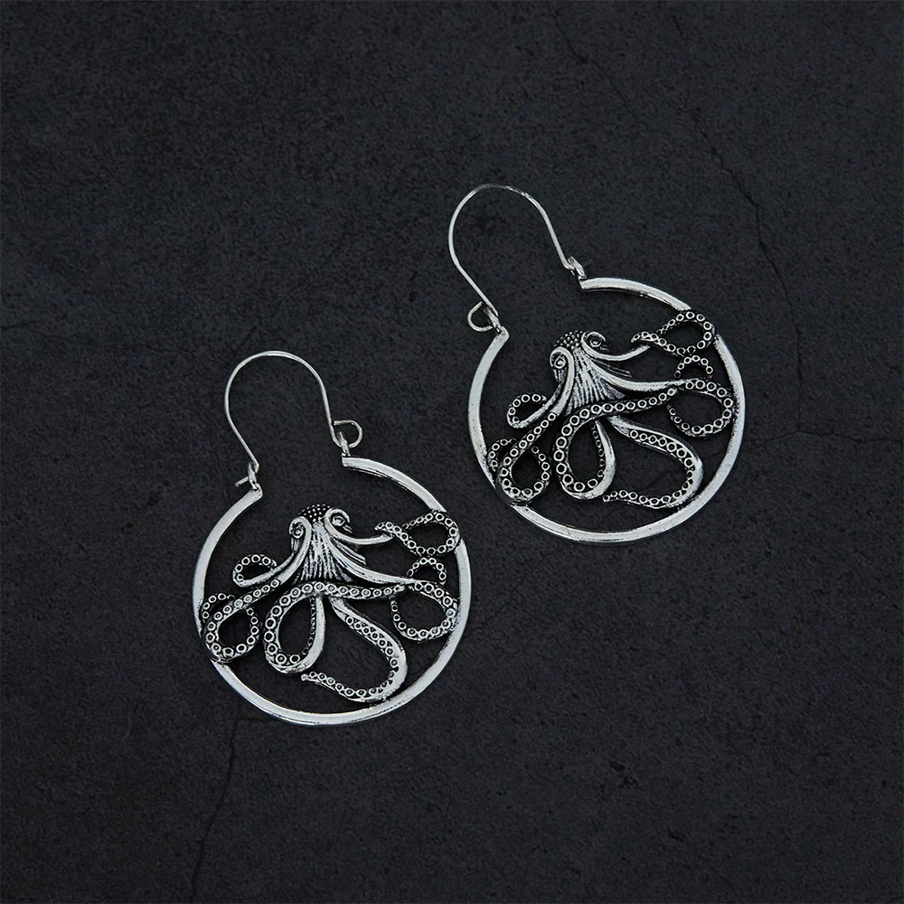 Vintage Antique Caribbean Octopus Earrings Personality Design Silver Color Metal Animal Dangle Hoop Earrings For Women Jewelry