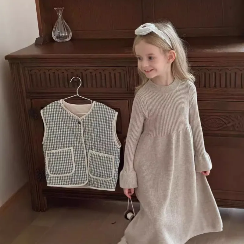 2025 Fall New Arrival Korean Style Girls Knit Sweater Dress Solid Color Princess Midi Length Children's Knitted Dress Skirt