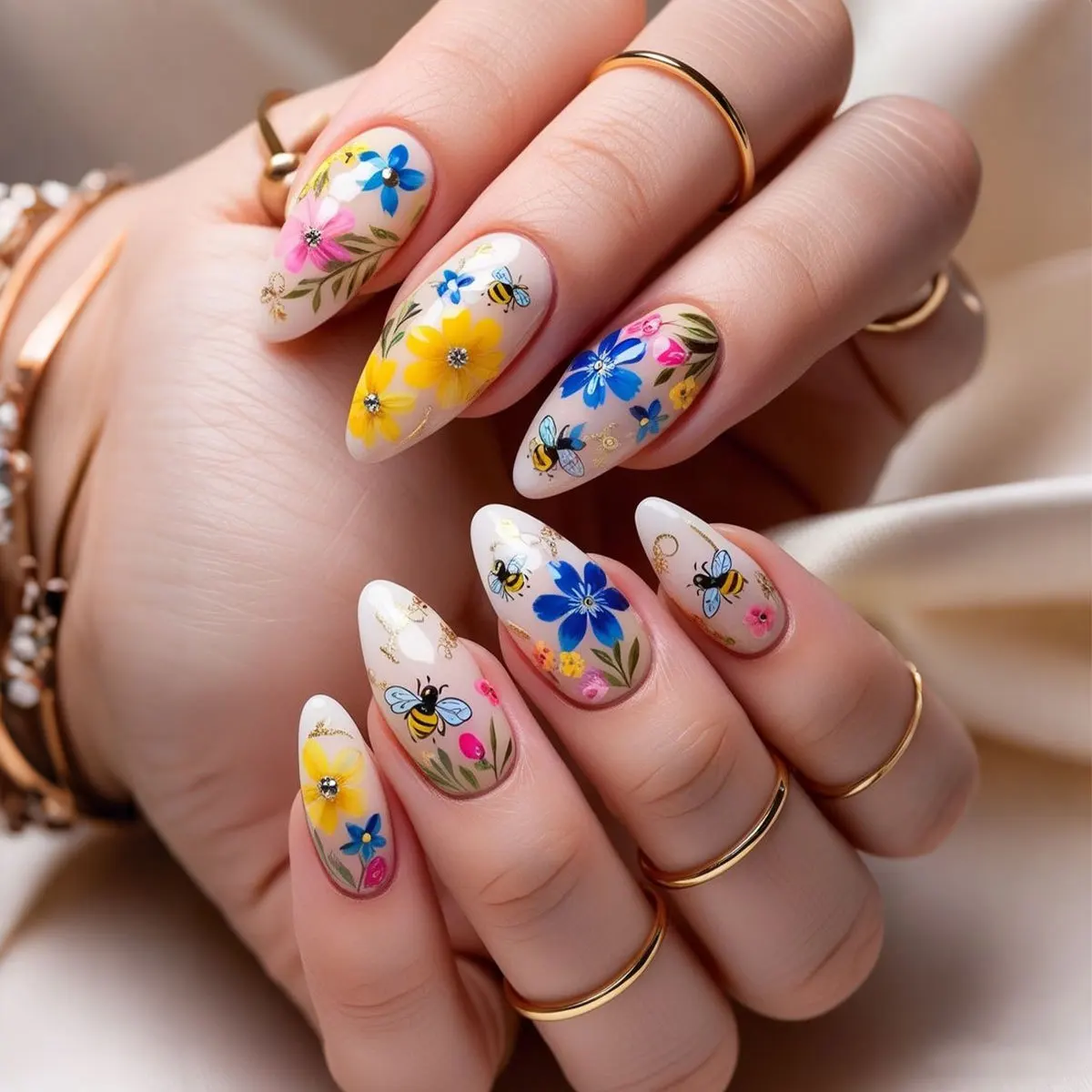 

Press on Nails Bees Sweet Floral Short Almond False Nails Flower Printing Nail Art Simple Full Cover Press on Acrylic Nails Tips
