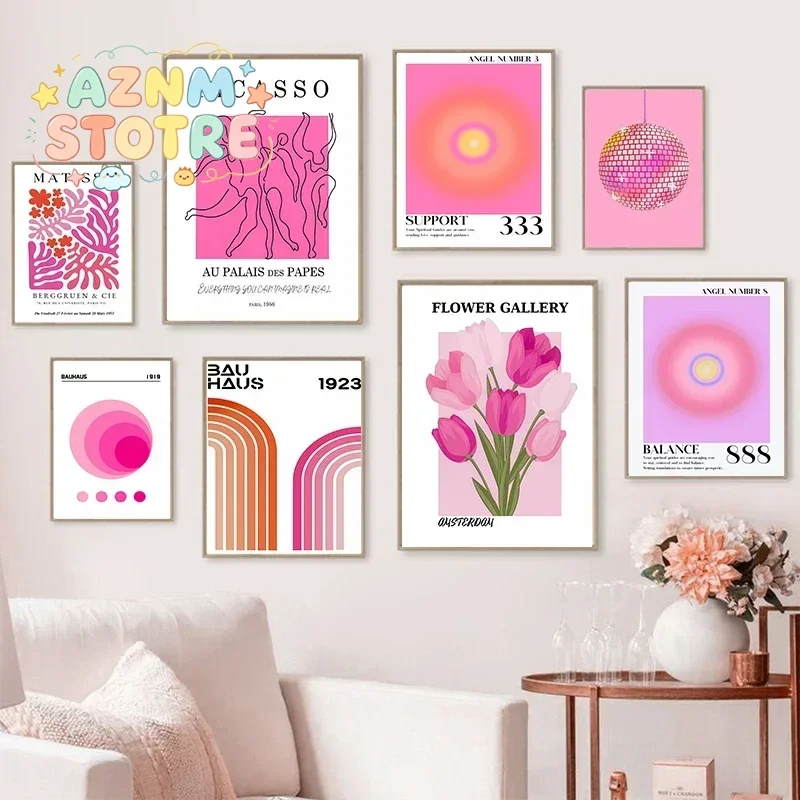 (2D canvas painting) Matisse Bauhaus Angel Number Picasso Flower Wall Art Canvas Painting Pink Tiger Poster Picture Modern Li