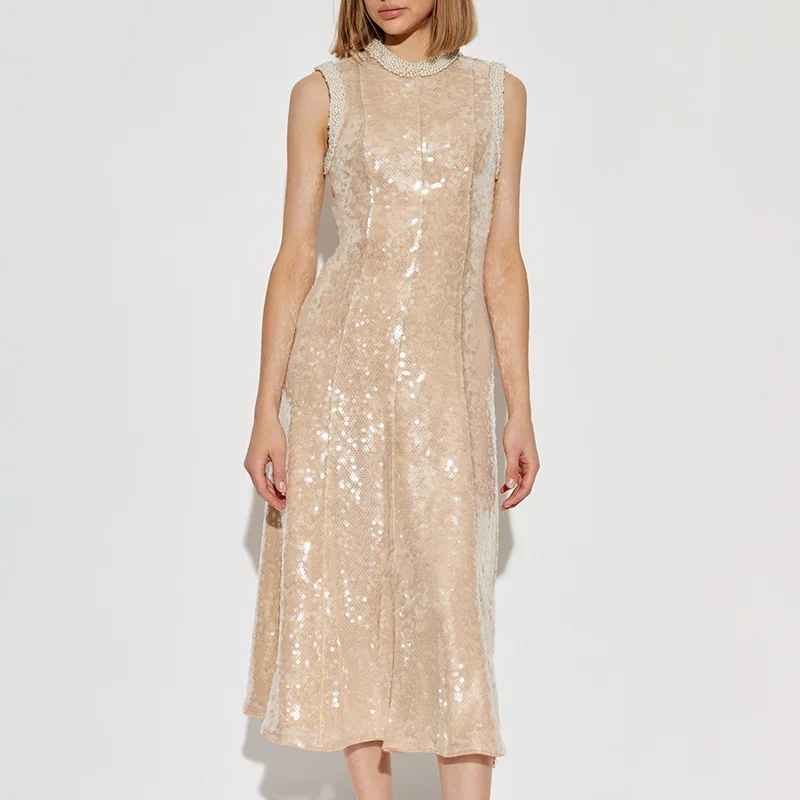 

Elegant Socialite Style Dress2025New Style Waist-Cinching Slimming Round Neck Pearl Design High-End Dress Women
